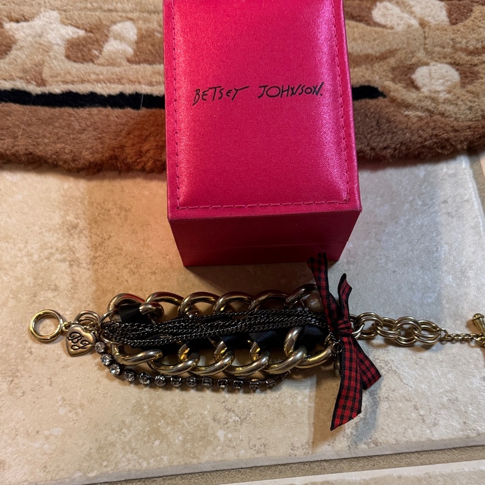 Betsey Johnson Gold and Black Bracelet with Red Bow